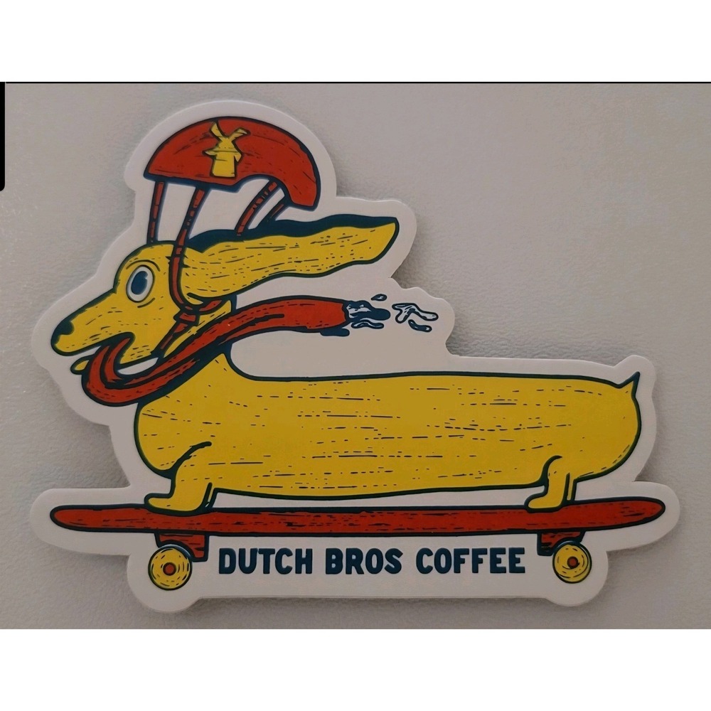 Vintage Dutch Bros Coffee Sticker‎ Weiner Dog on Skateboard Dachshund New Unused